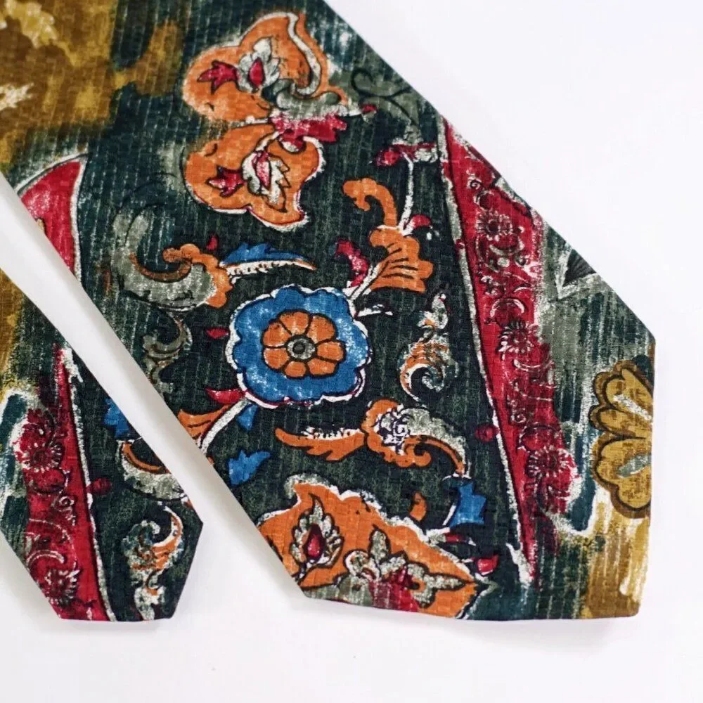 Paulo Visari Green Multi-Colored Floral Print Short Wide Silk Tie Made In Itally